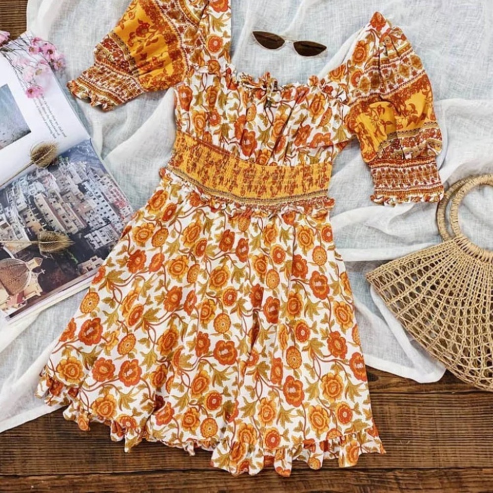 Bohemian Floral Retro Smocked Mini Dress - Picture 5 of 8